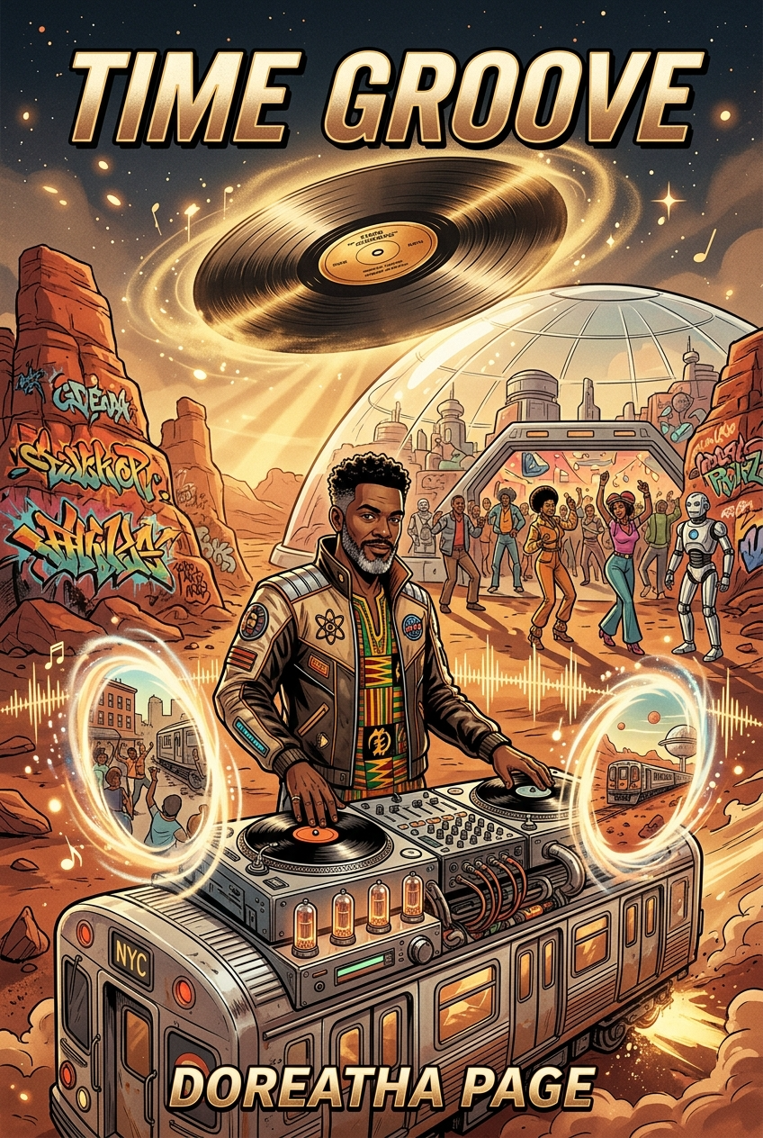 TIME GROOVE — retro-futurist afrofuturism book cover generated by the suite