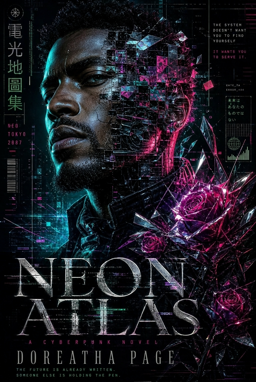 NEON ATLAS — cyberpunk book cover generated by Music-Aligned Sci-Fi Prompt Generator